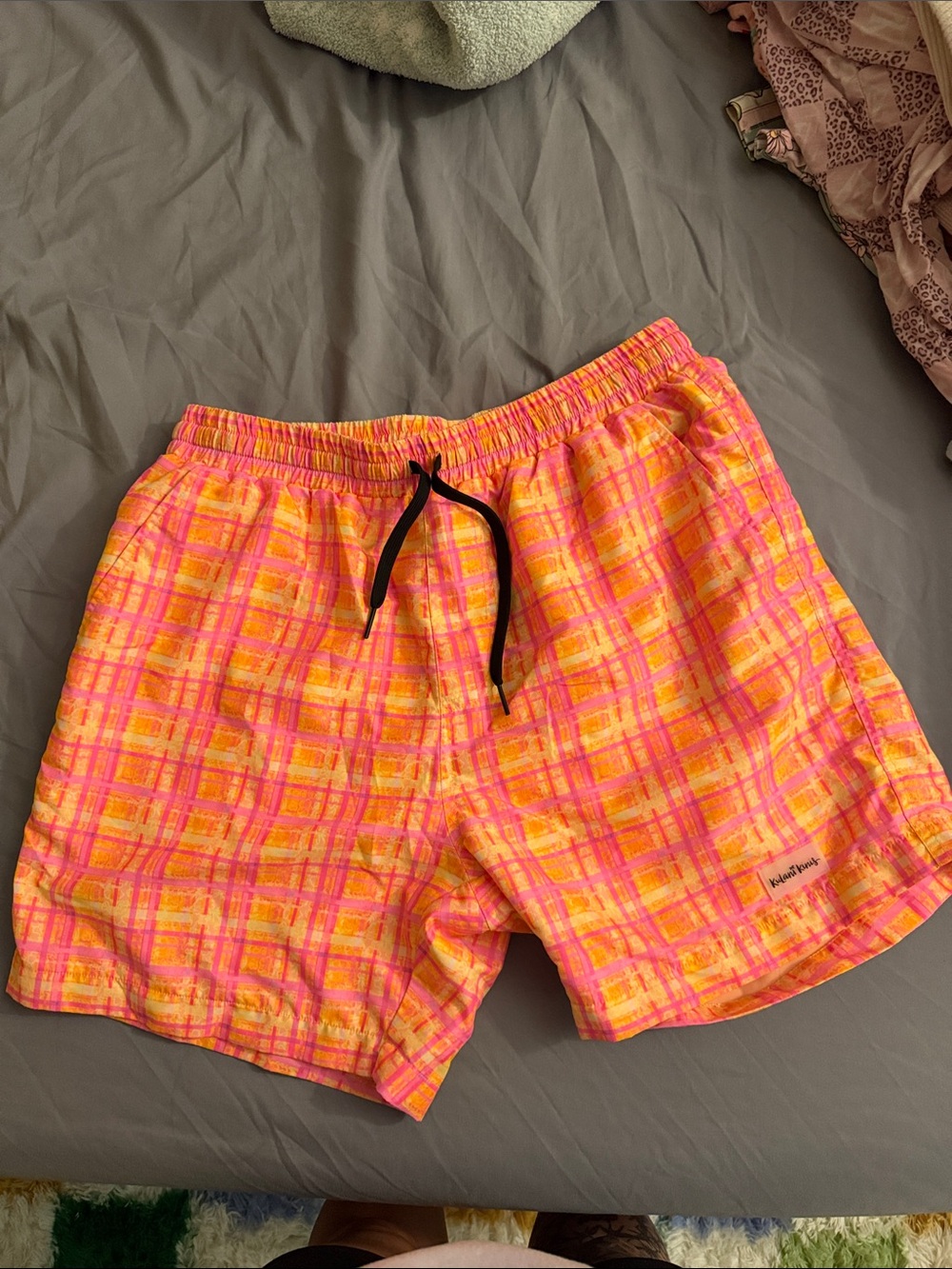 Kulani Kinis Pink & Orange Plaid Swim Trunks